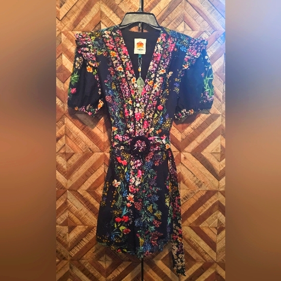 FARM Rio Pants - FARM Rio Black Floral Short Jumpsuit with Puff Sleeves